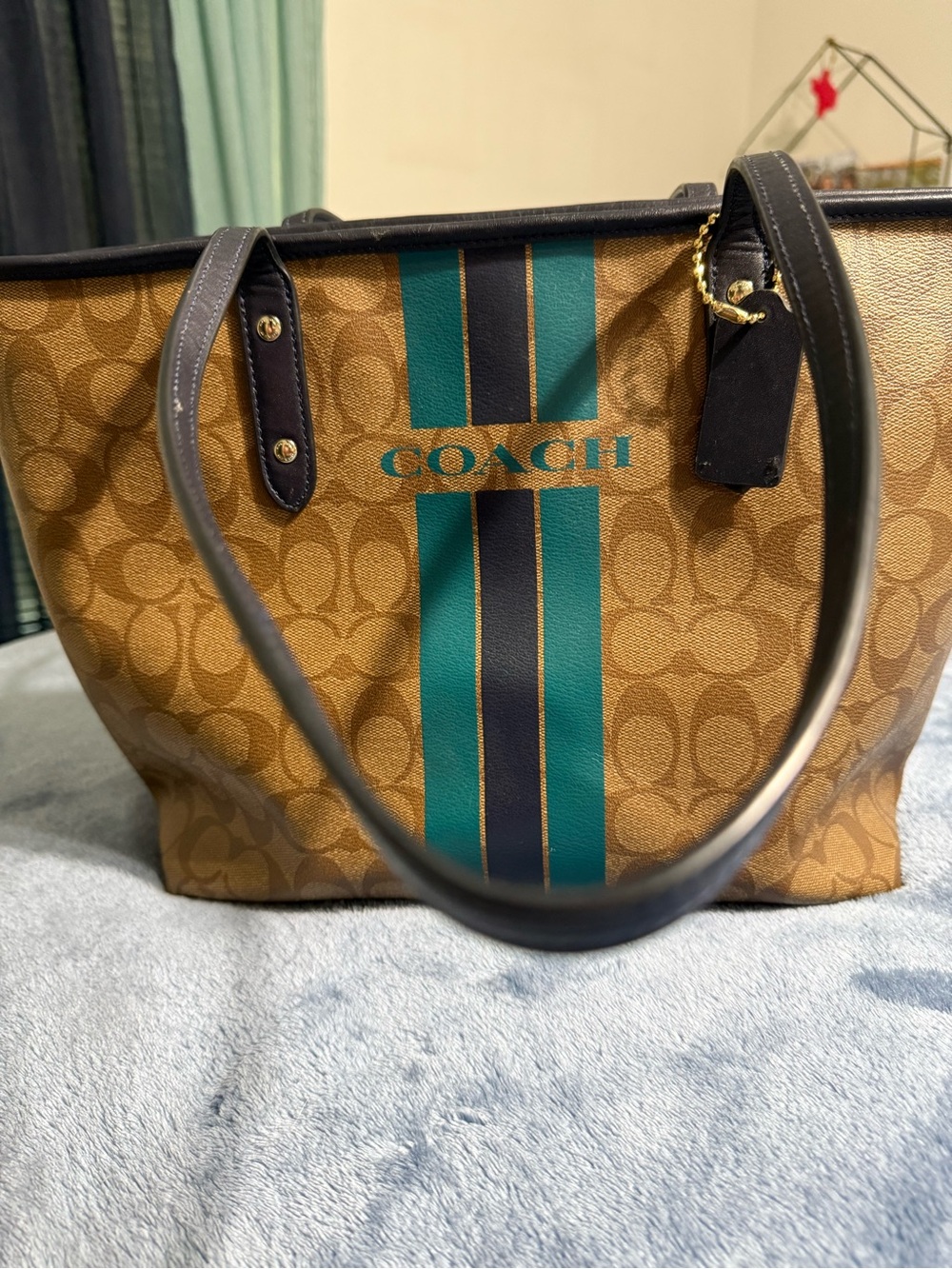 Coach Brown Monogram Tote with Teal & Navy Stripes